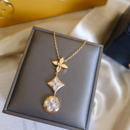 [⭐Lioran]COLOR BLOSSOM LARIAT NECKLACE PINK GOLD WHITE MOTHER PEARL AND DIAMOND