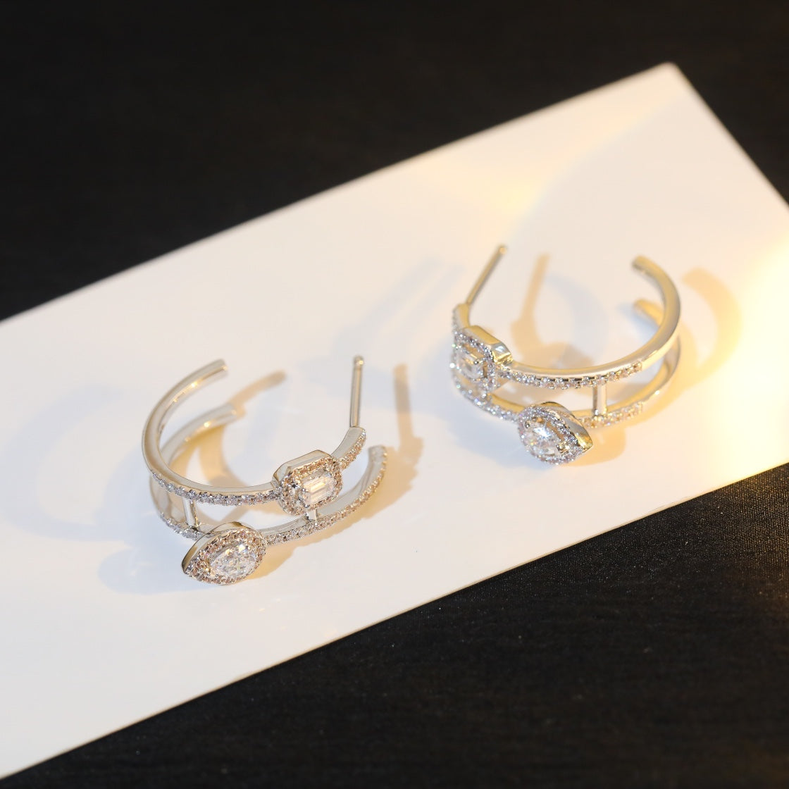 [⭐Lioran]CREOLES MY TWIN 2 RANGS SILVER DIAMOND EARRINGS