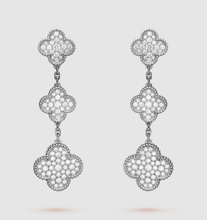 [⭐Lioran]CLOVER 3 MOTIF DIAMOND SILVER DROP EARRINGS
