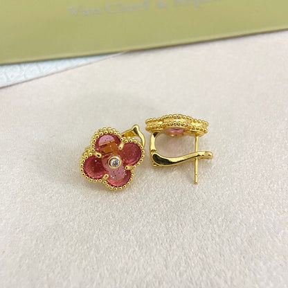 [⭐Lioran]2026 NEW  CLOVER 1 MOTIFPINK ENAMEL STUD EARRINGS WITH DIAMONDS2