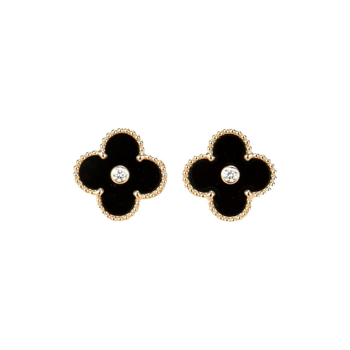 [⭐Lioran]CLOVER MEDIUM 1 MOTIFS ONYX DIAMOND EARRINGS