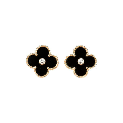 [⭐Lioran]CLOVER MEDIUM 1 MOTIFS ONYX DIAMOND EARRINGS