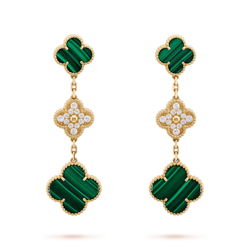 [⭐Lioran]CLOVER EARRINGS GOLD MALACHITE DIAMOND 3 MOTIF