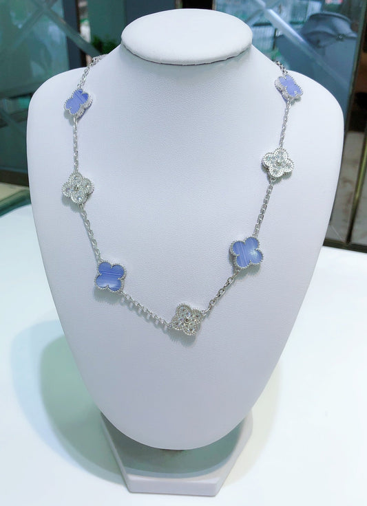 [⭐Lioran]CLOVER 10 MOTIFS CHALCEDONY DIAMONDS SILVER NECKLACE