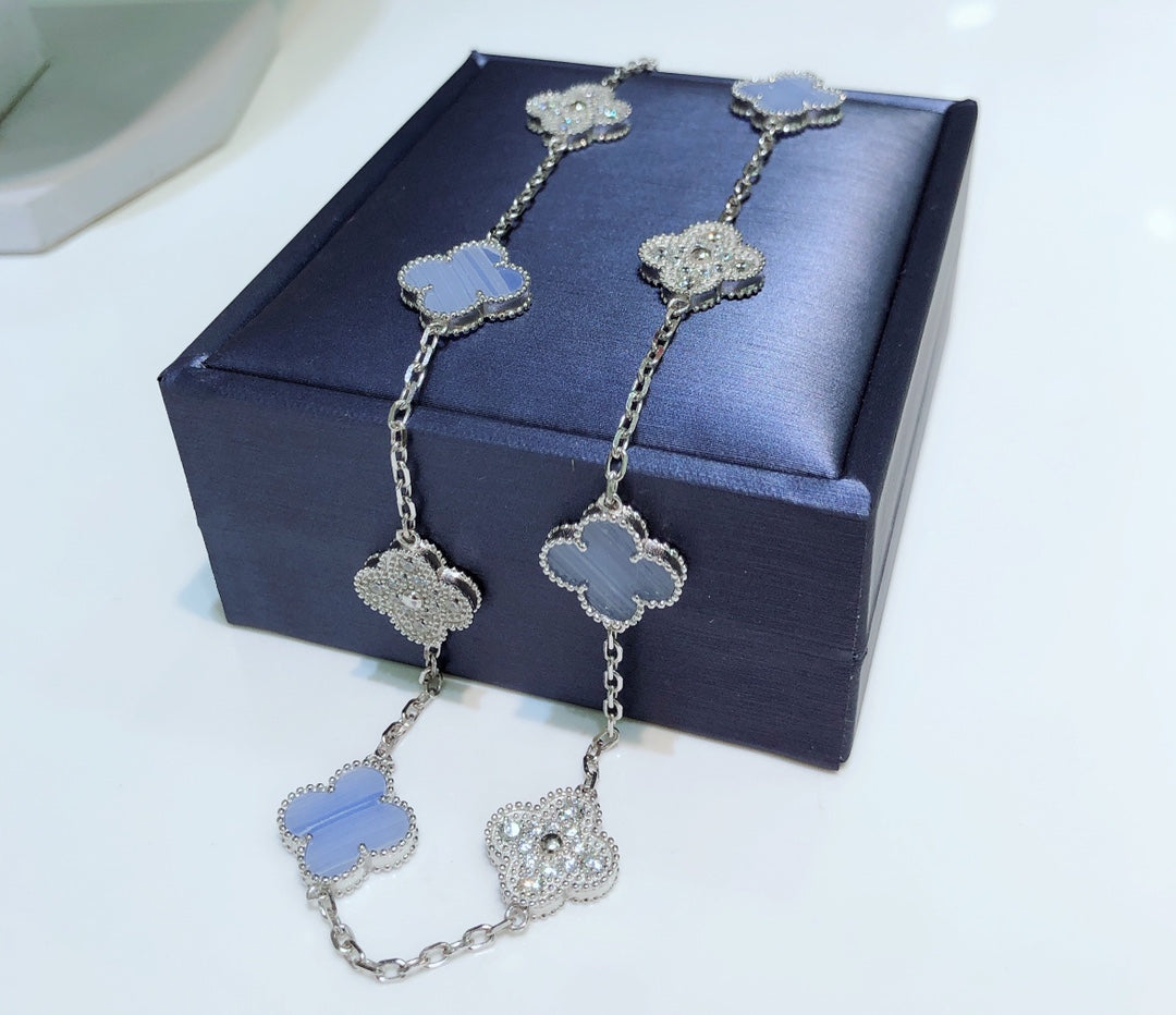[⭐Lioran]CLOVER 10 MOTIFS CHALCEDONY DIAMONDS SILVER NECKLACE