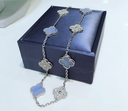 [⭐Lioran]CLOVER 10 MOTIFS CHALCEDONY DIAMONDS SILVER NECKLACE