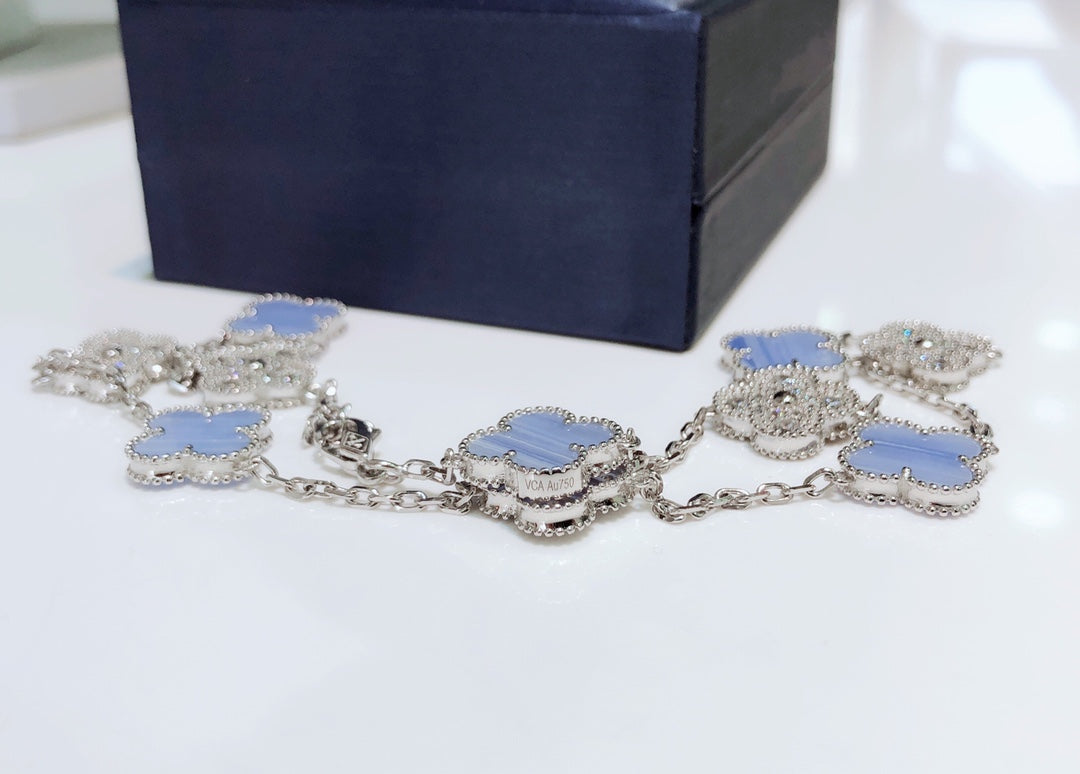 [⭐Lioran]CLOVER 10 MOTIFS CHALCEDONY DIAMONDS SILVER NECKLACE