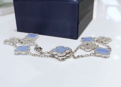[⭐Lioran]CLOVER 10 MOTIFS CHALCEDONY DIAMONDS SILVER NECKLACE
