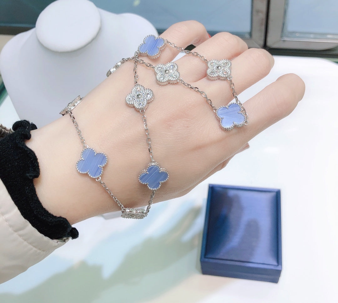 [⭐Lioran]CLOVER 10 MOTIFS CHALCEDONY DIAMONDS SILVER NECKLACE