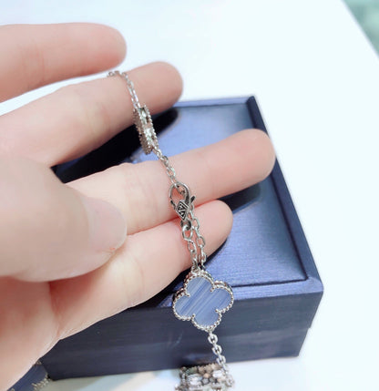 [⭐Lioran]CLOVER 10 MOTIFS CHALCEDONY DIAMONDS SILVER NECKLACE